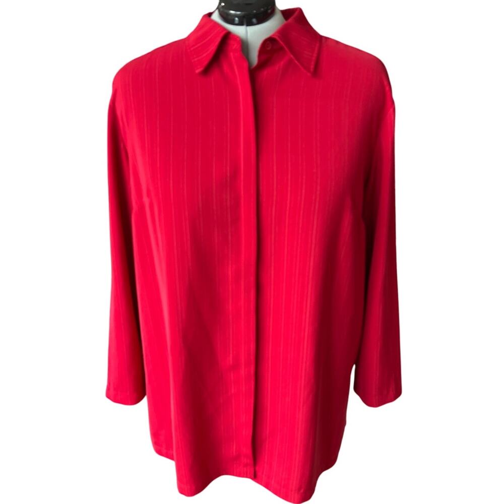 Ashley Stewart Red Button Up Textured Blouse Women's Size 24W Vertical Stripes